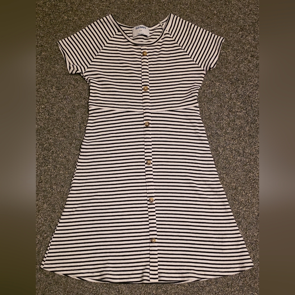 Old Navy Black and White Striped Button-Front Ribned Dress